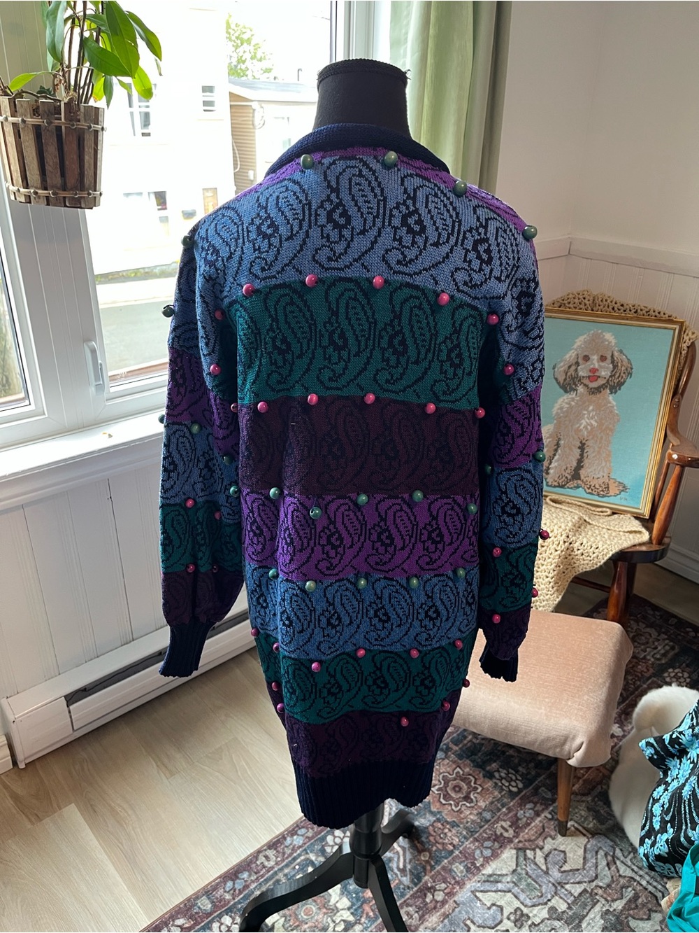 Women’s Vintage Multicolor Open-Front Floral Pearl-Accent Knit Cardigan 😍 M - Picture 3 of 6